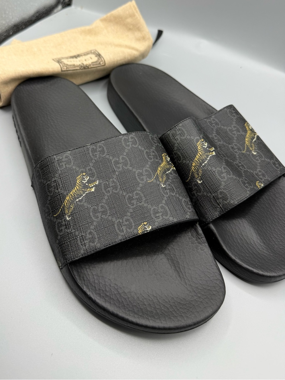 Gucci Black Slides with Gold Tiger Motif